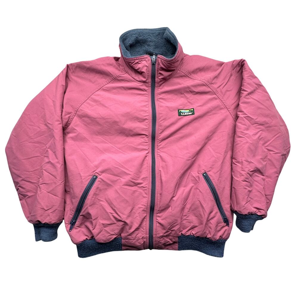 Vintage 90s LL Bean Warm-Up Jacket Womens L Fleece Lined Pink Full Zip Bomber